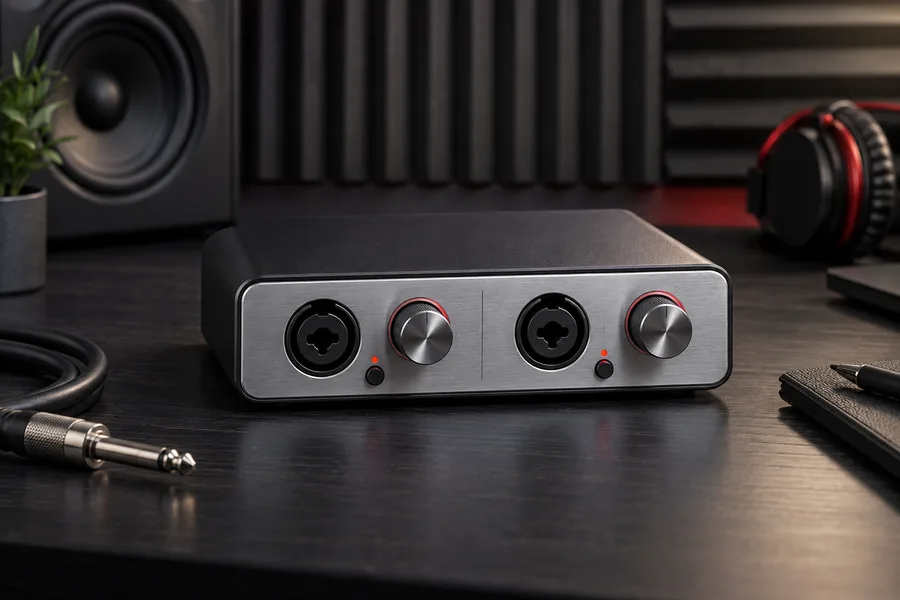 Editorial illustration of a USB audio interface
