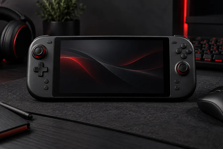 Editorial illustration of a handheld gaming PC