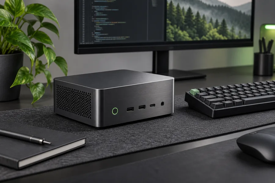 Editorial illustration of a mini PC