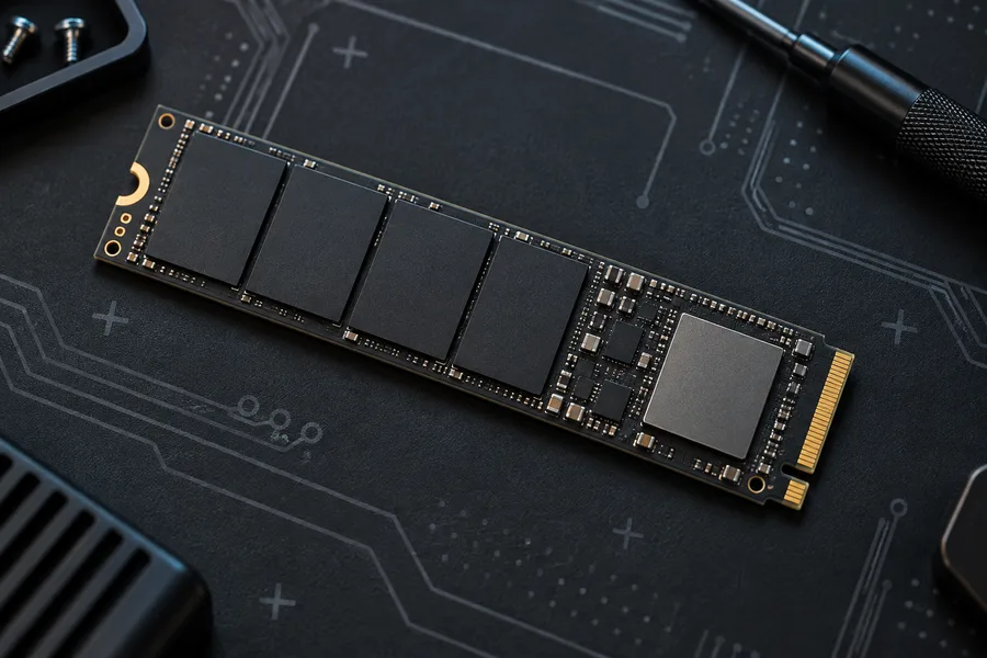 Editorial illustration of an NVMe solid-state drive